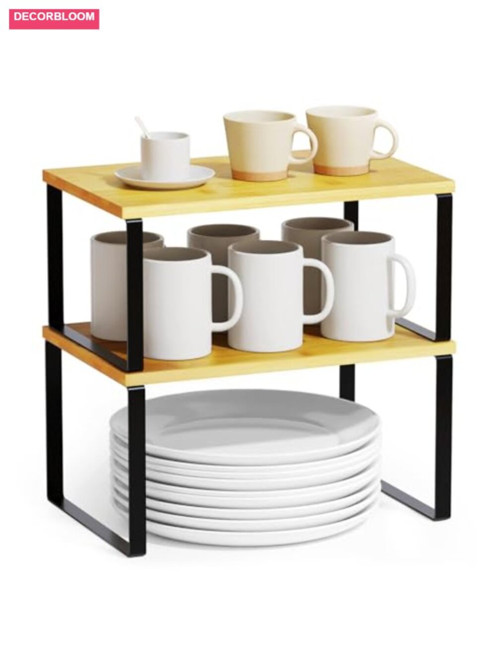 2 Pack Cabinet Shelf Organizers, Stackable Expandable Bamboo Riser for Kitchen